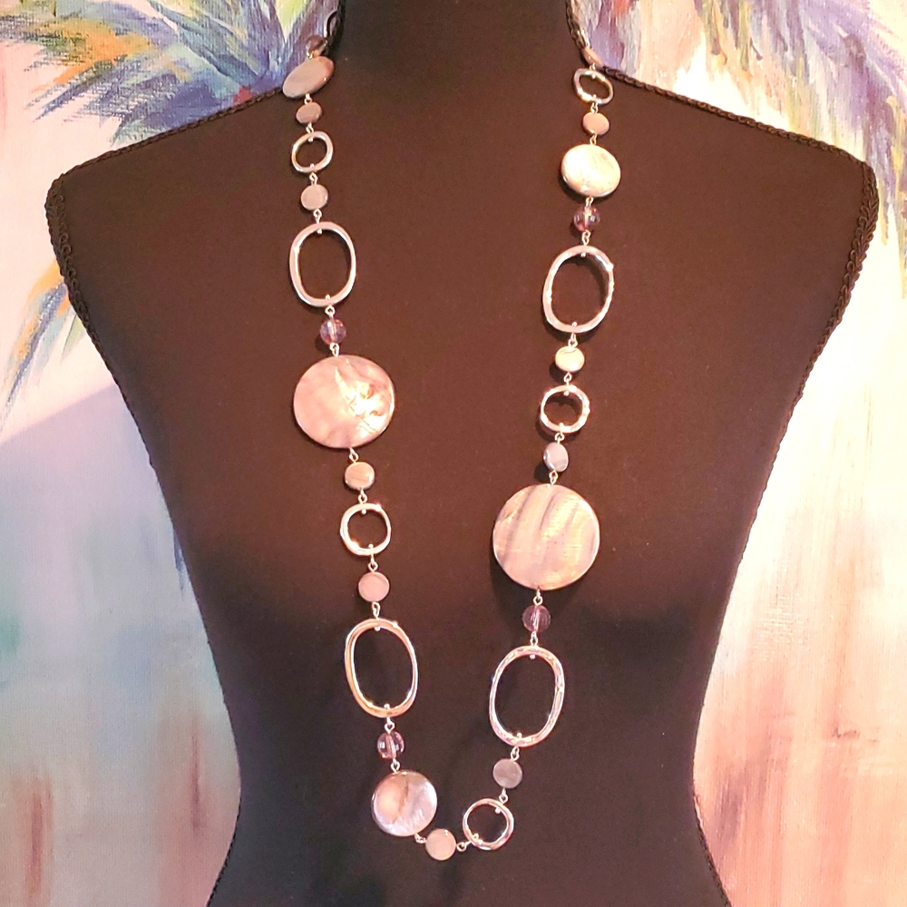 Lia Sophia Silver Necklace with Pearlescent grey rounds and beads.